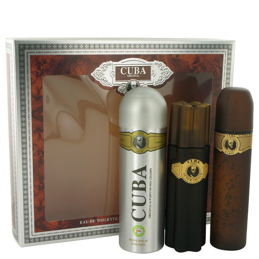 Cuba Gold by Fragluxe Gift Set -- 3.3 oz Eau De Toilette Spray + 3.3 oz After Shave Spray + 6.7 oz Body Deodorant Spray for Men - Perfume Energy